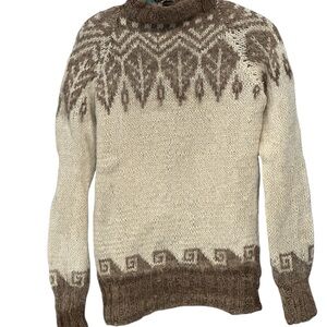 Women's Cream and Brown Turtleneck Alpaca Handmade Sweater